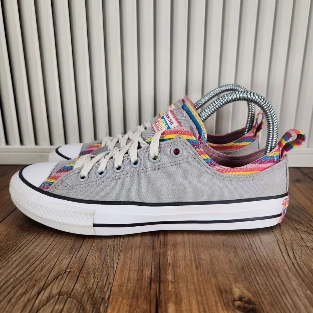 Converse CTAS Junior Sz 5 Gray Rainbow Layered Double Tongue Canvas Skate Shoes